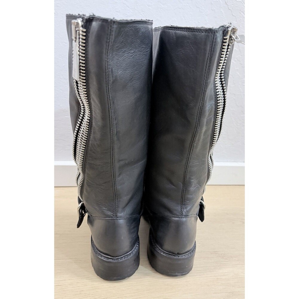 Frye Samantha Zip Tall Black Leather Moto Boots Size 7B Buckle Lug Soles - Picture 6 of 7